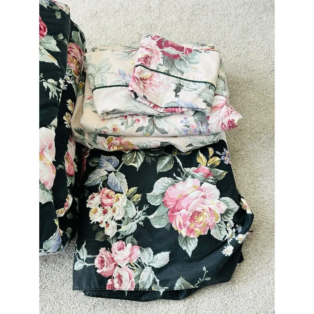 Vtg Croscill Francesca Queen Bedding Set Comforter Sheets Shams Skirt Black Rose